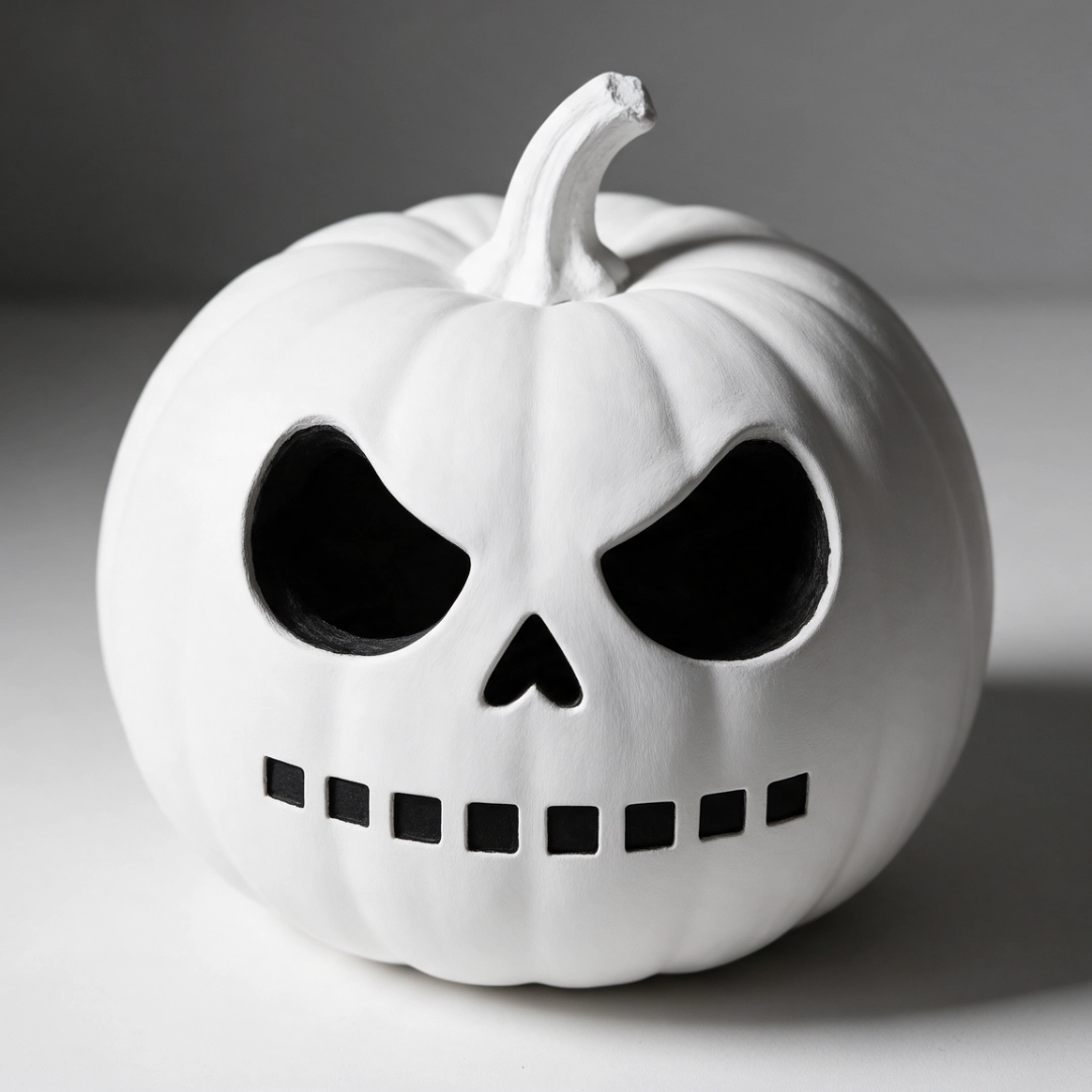 White jack-o'-lantern carved with a menacing skull face and square-toothed smile.