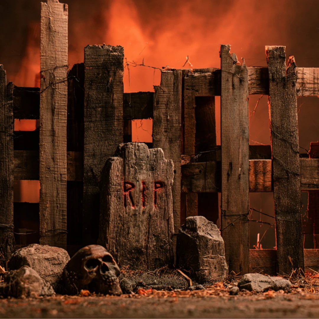 Spooky Halloween pallet fence with weathered wood, a RIP tombstone, skull, rocks, and fiery orange lighting.