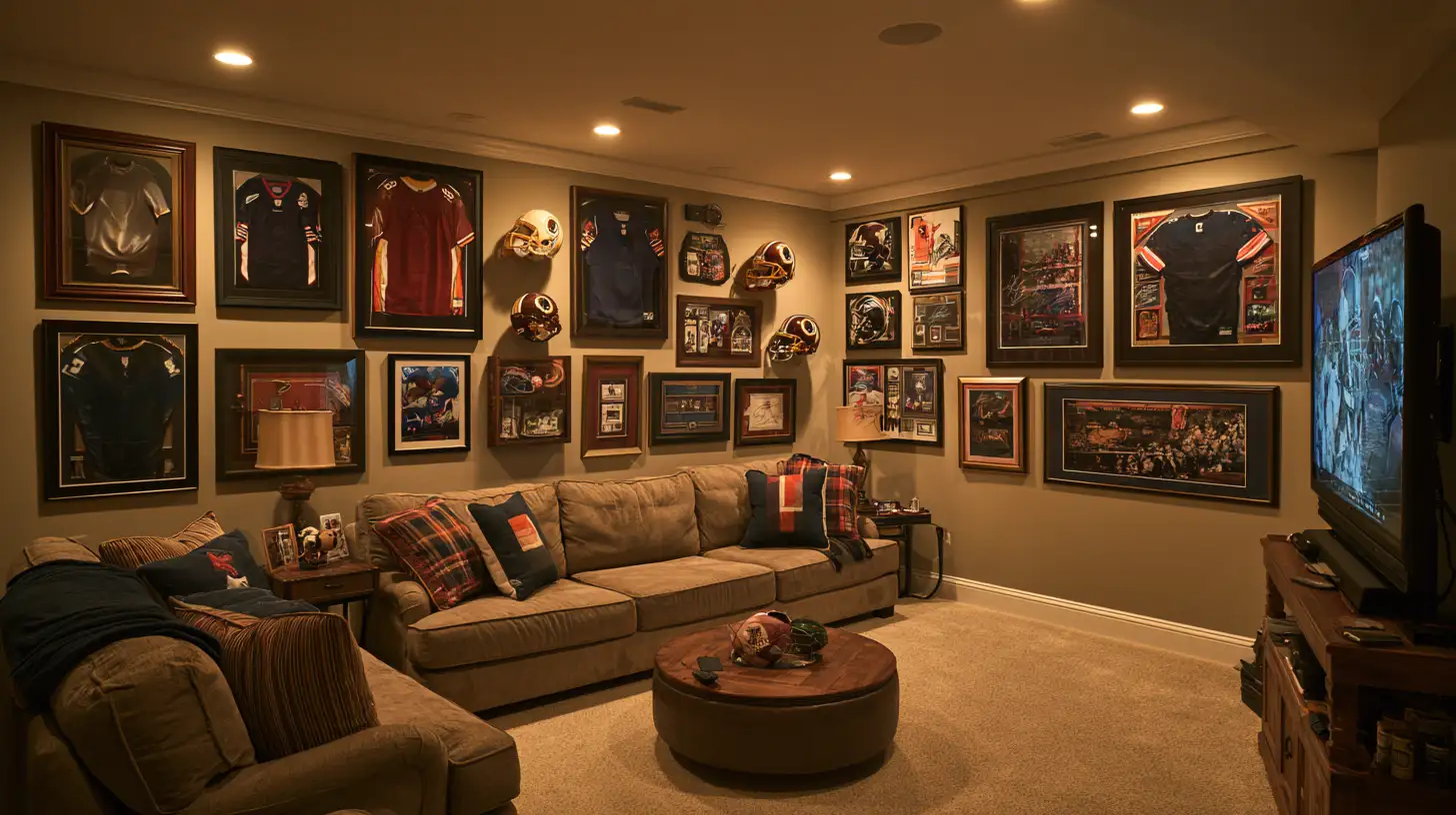 Sports memorabilia man cave with framed jerseys helmets photographs and a large TV