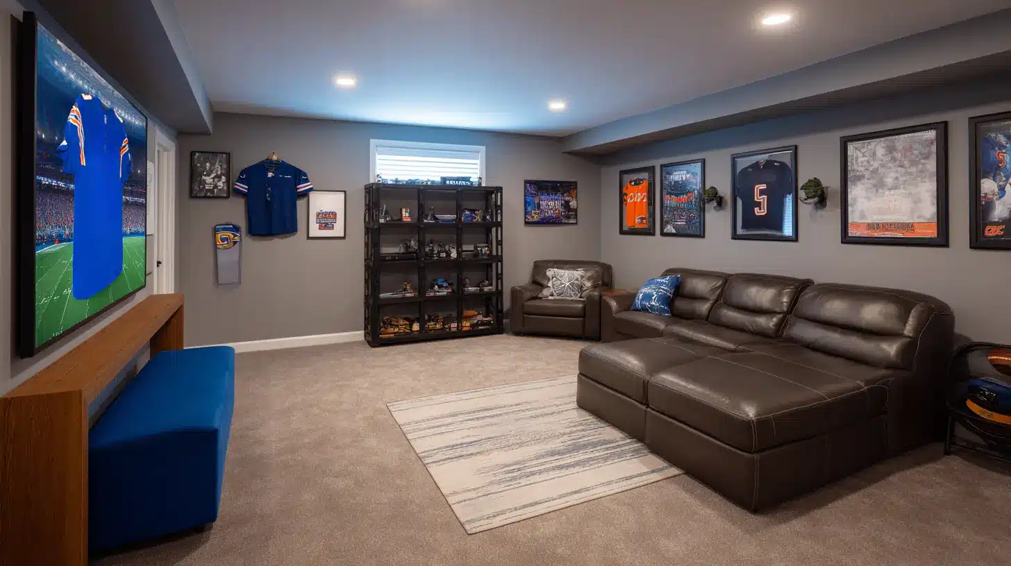 Sports themed man cave with framed jerseys sports memorabilia leather sectional and TV