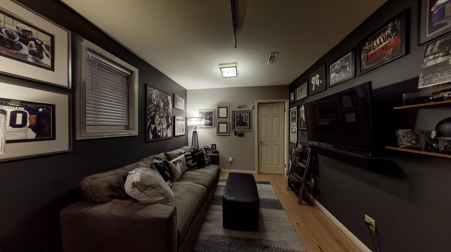 Man cave with dark statement walls sports artwork sectional sofa TV and accent lighting