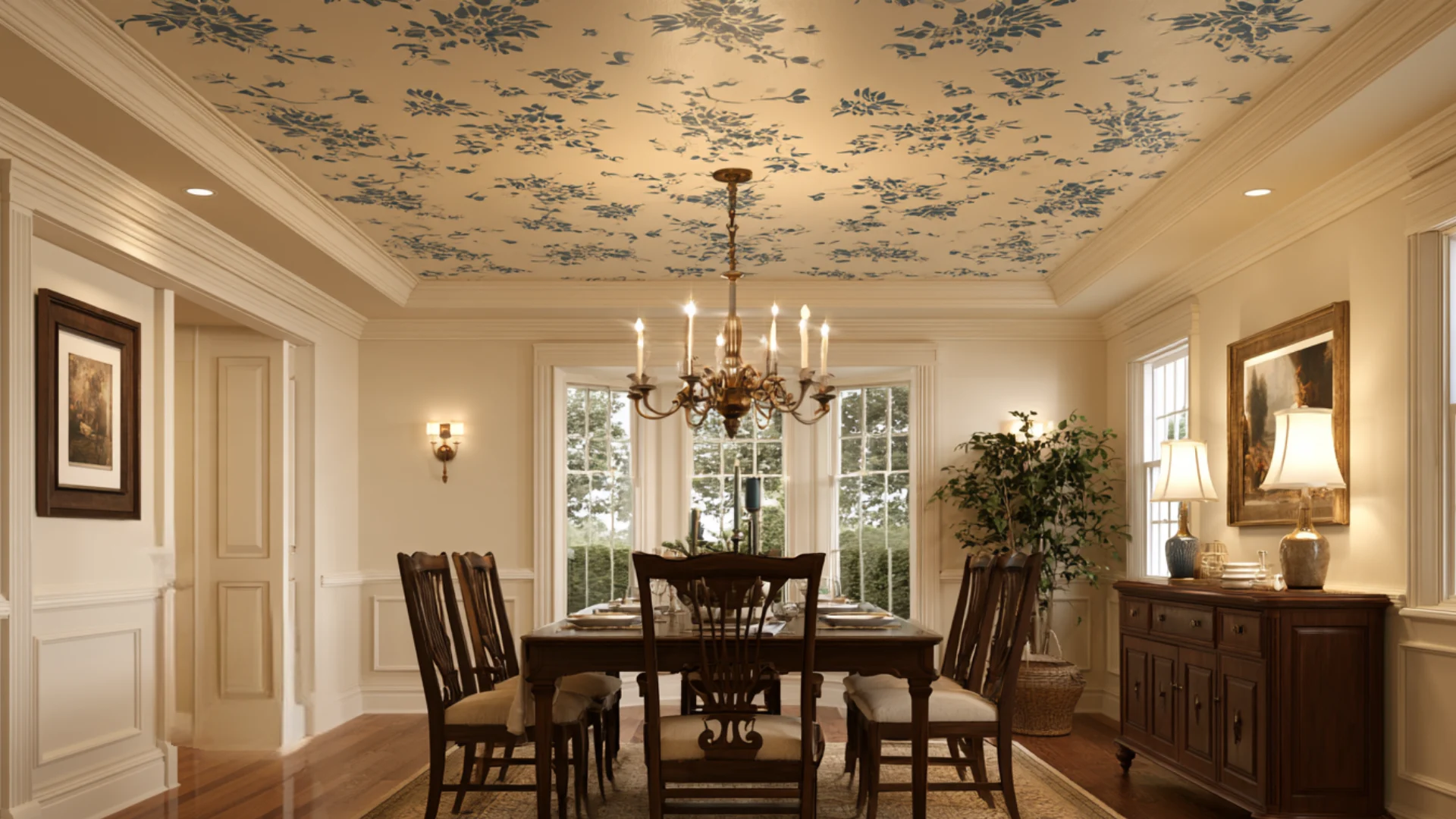 Elegant dining room with blue floral stenciled ceiling dark wood furniture chandelier and warm cream walls.
