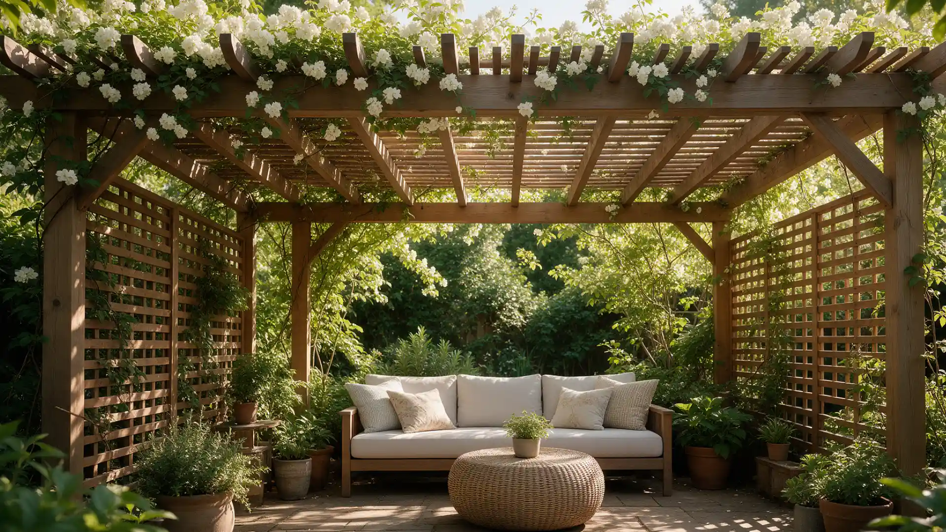 Wooden pergola with climbing white flowers lattice privacy panels cushioned sofa and lush green garden plants around it