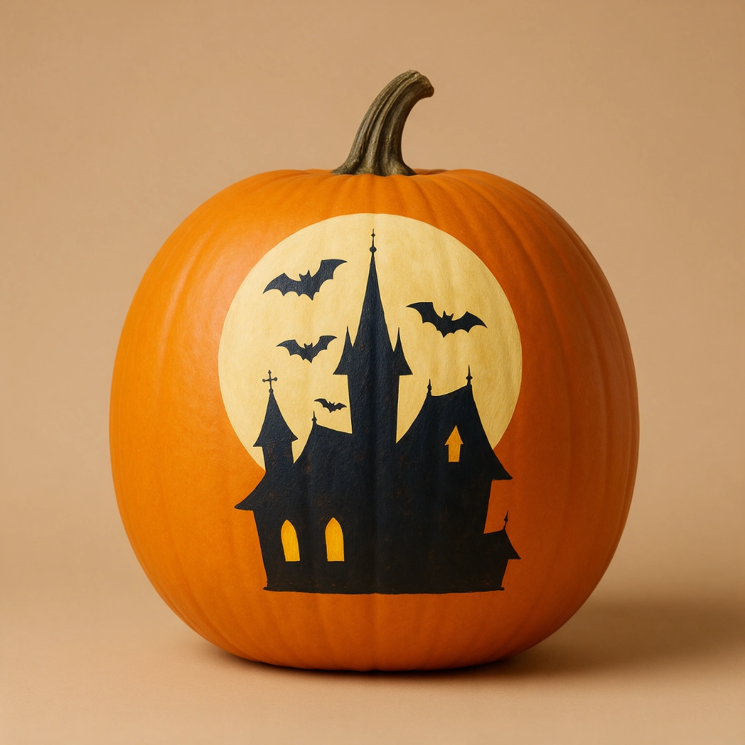 Orange pumpkin painted with a full moon, bats, and a haunted house silhouette.