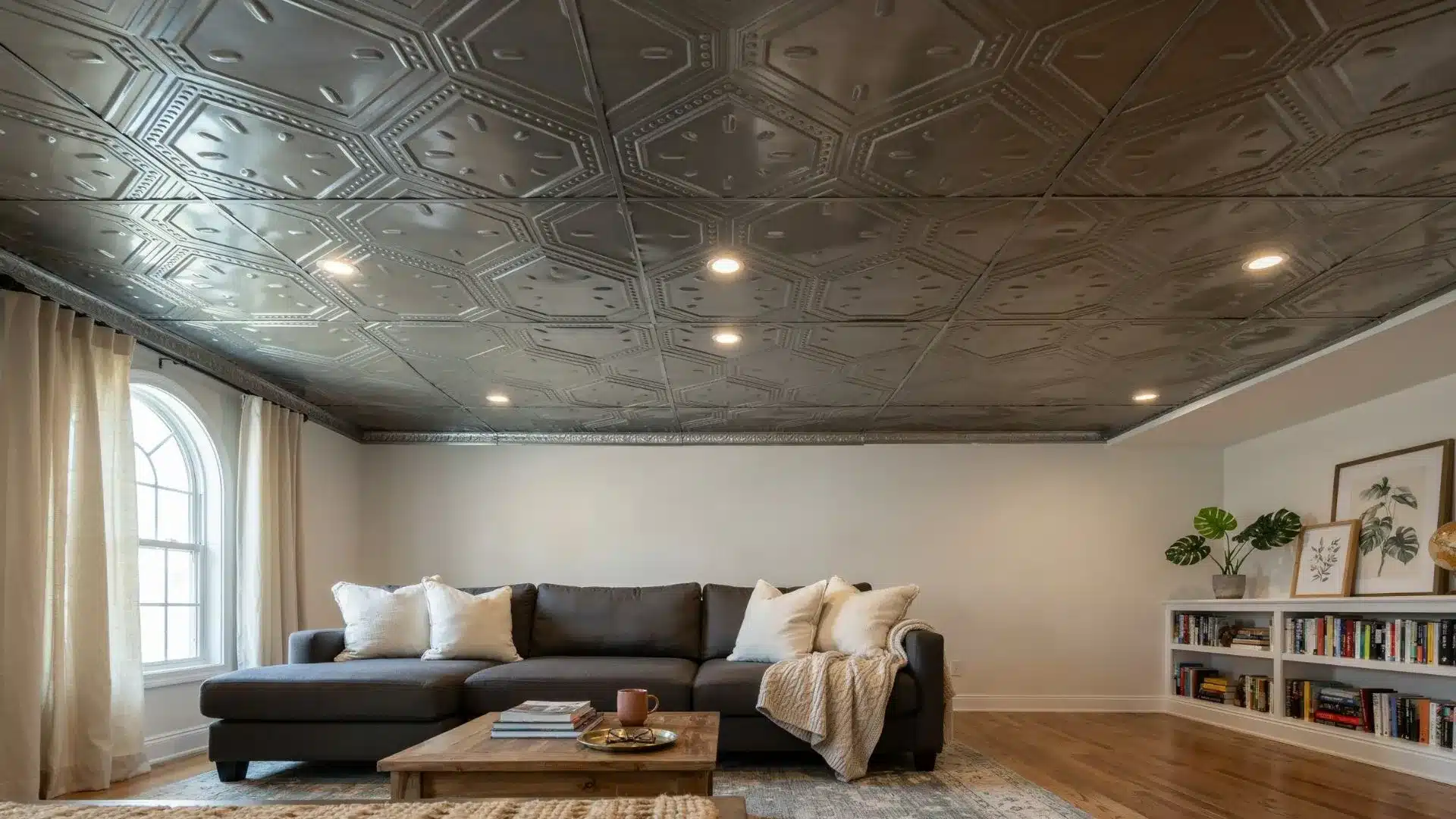 A spacious living room featuring a low ceiling and a comfortable couch, creating an inviting atmosphere.