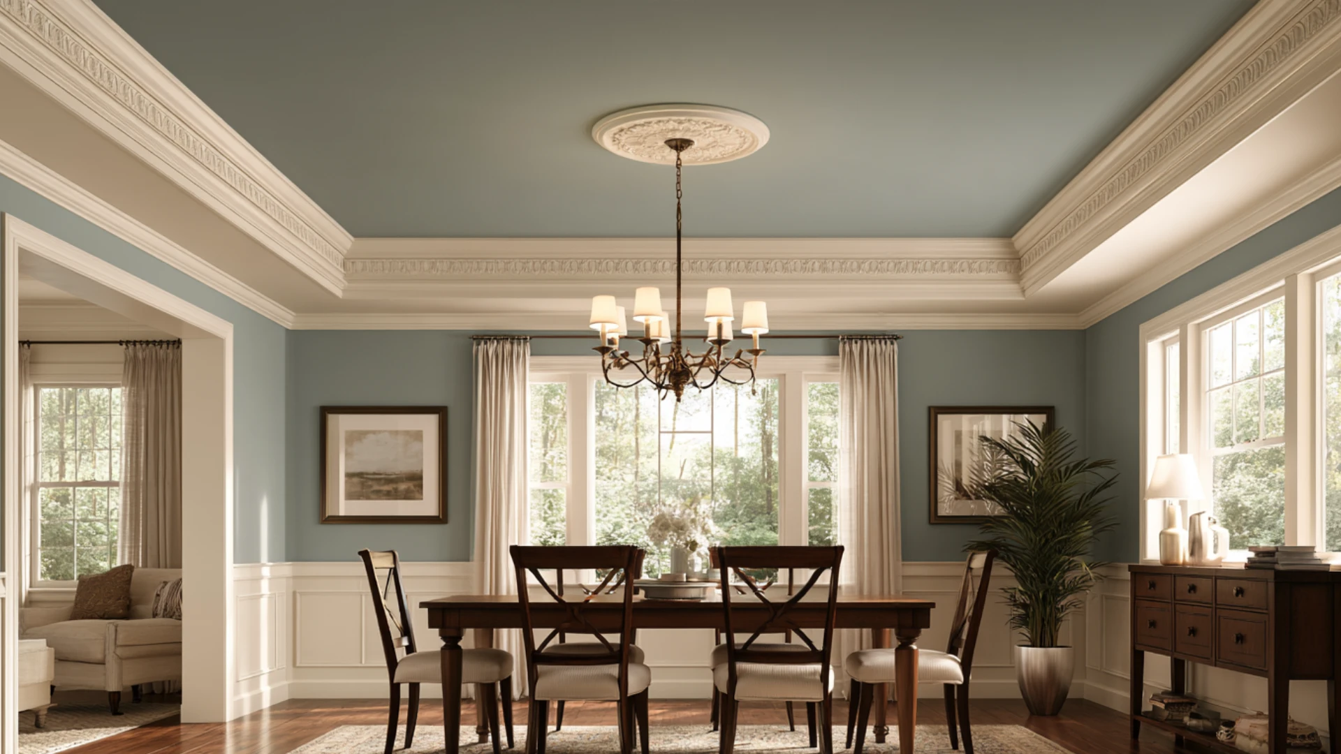 Elegant dining room with blue gray ceiling white decorative trim dark wood furniture and classic chandelier.