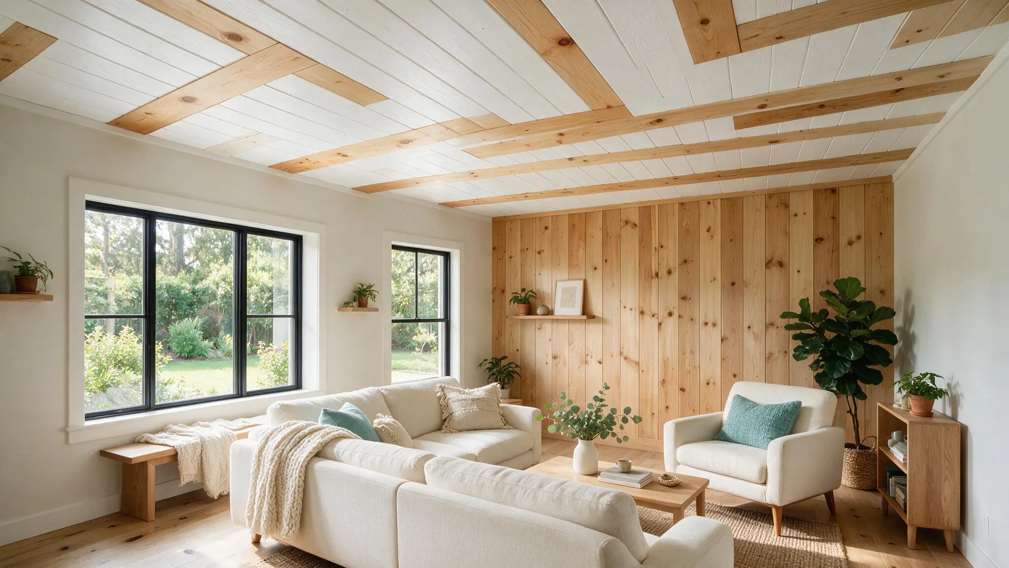 A modern farmhouse living room with a white shiplap ceiling natural wood beams light walls and large black framed windows
