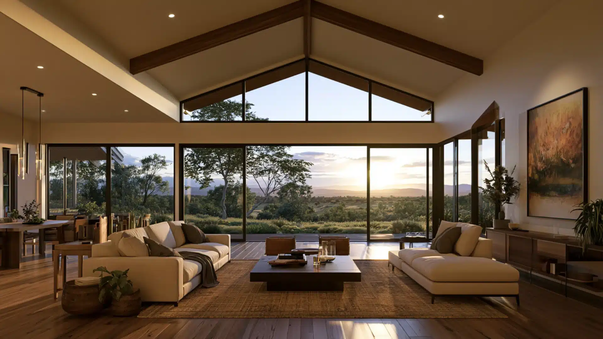 Modern living room featuring vaulted ceilings, large windows, and warm wood floors, creating an open and airy atmosphere.