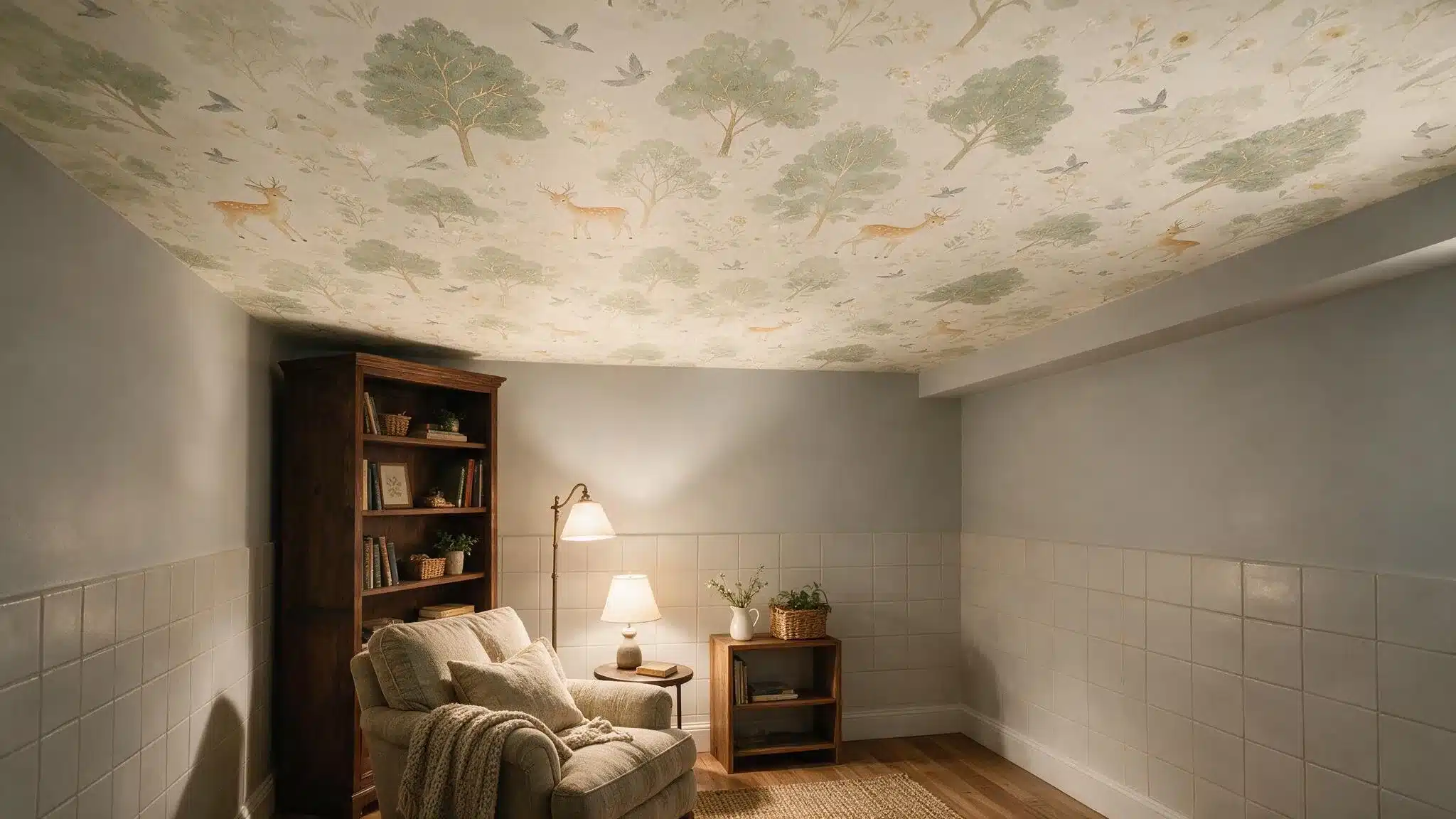 A cozy room featuring a comfortable chair beside a well-stocked bookshelf filled with various books.