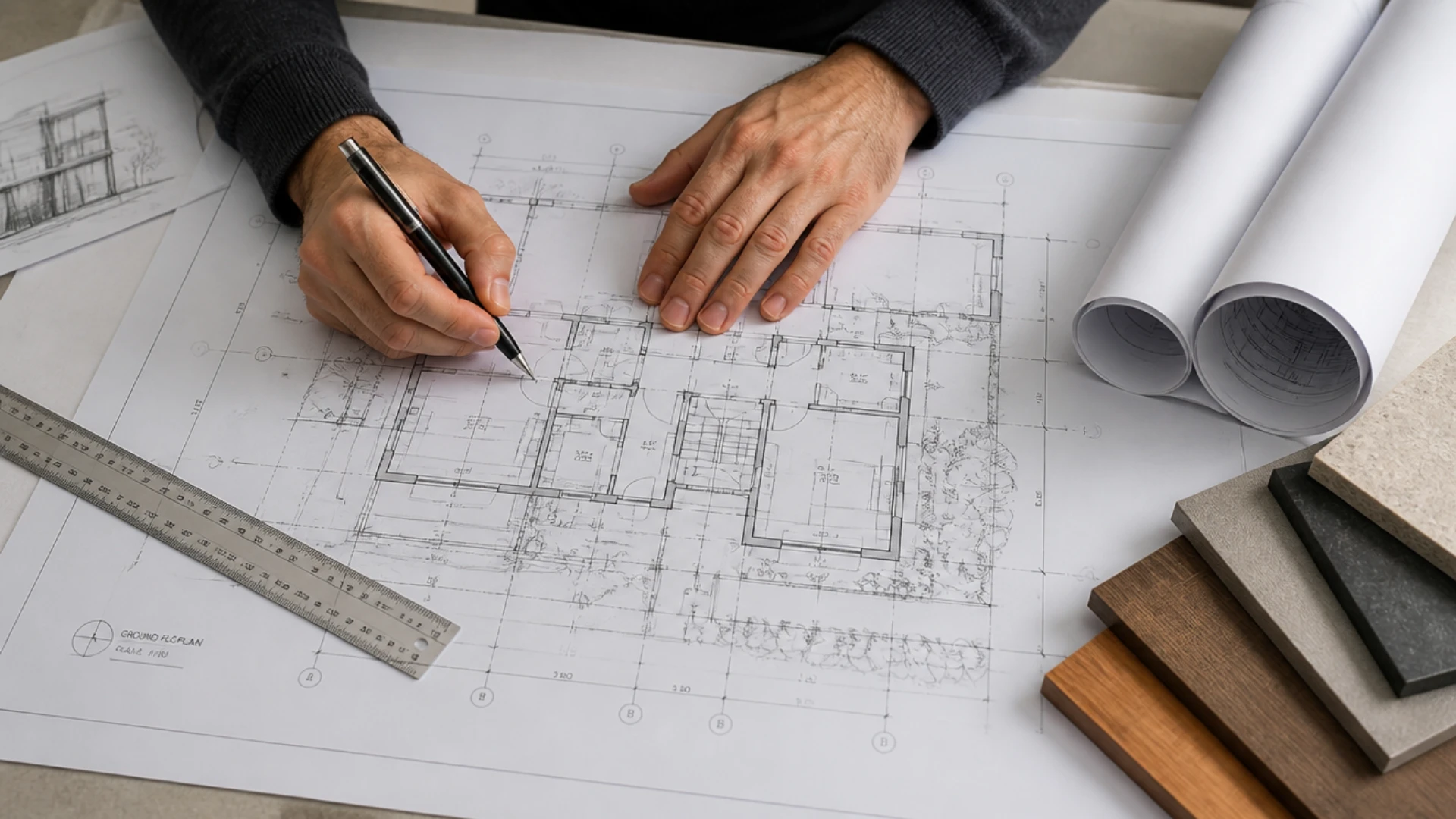 Hands mark an architectural floor plan with a pen beside a ruler, rolled blueprints, and stacked material samples.