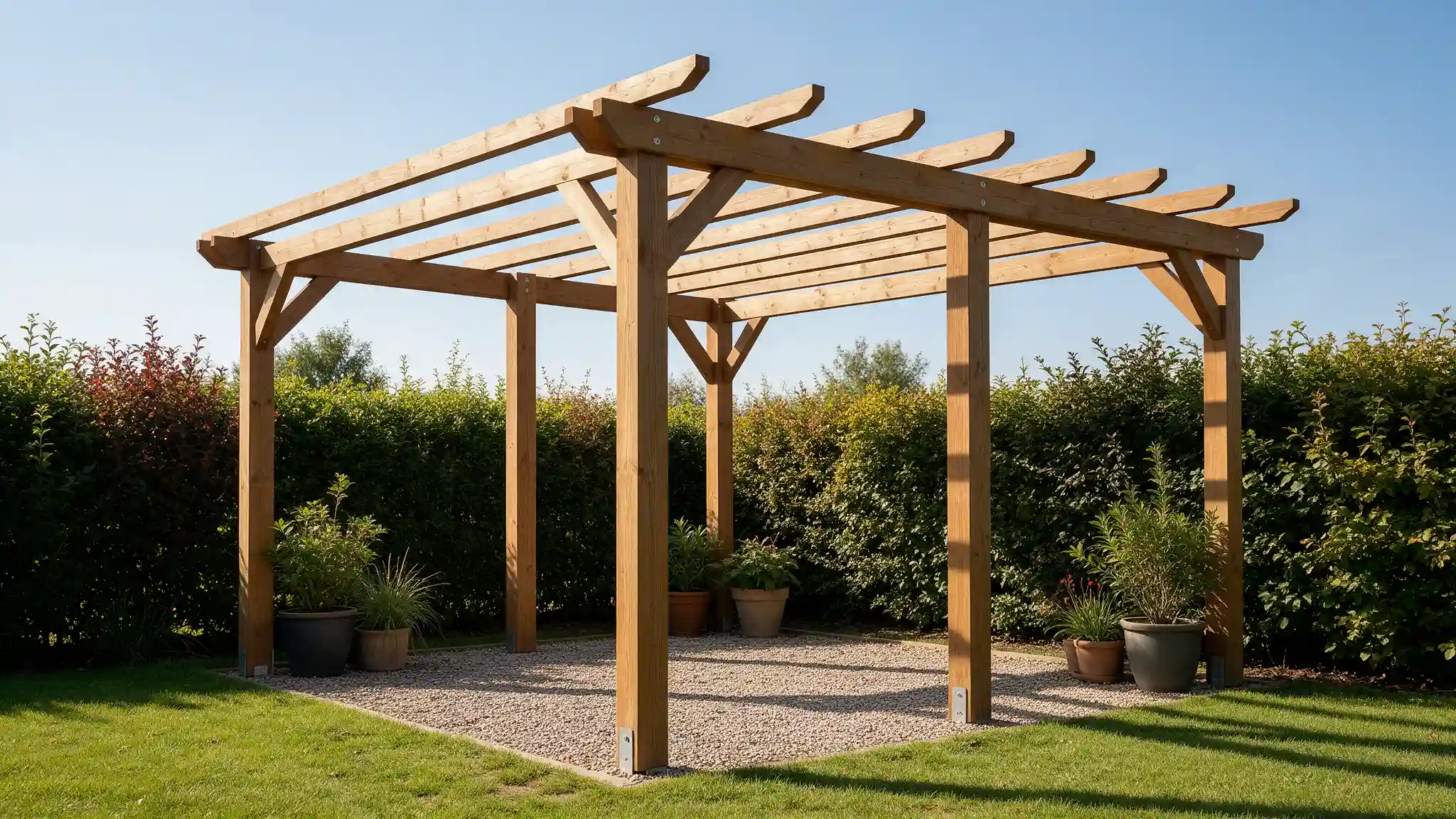 Simple freestanding wooden pergola with open rafters on a gravel patio surrounded by tall hedges and potted plants