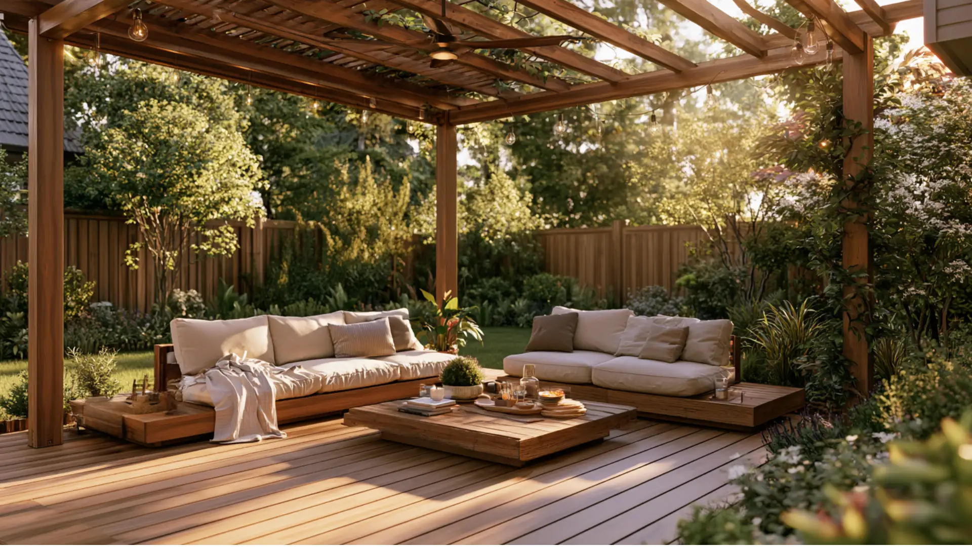 Wooden pergola over a cozy backyard seating area with cushioned sofas low table and green garden in soft daylight