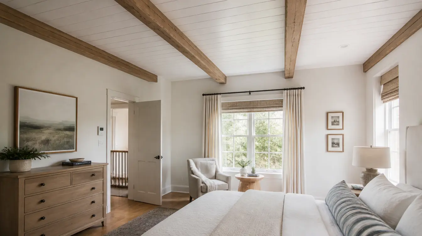 A cozy bedroom with a white shiplap ceiling exposed natural wood beams neutral bedding and warm wooden furniture