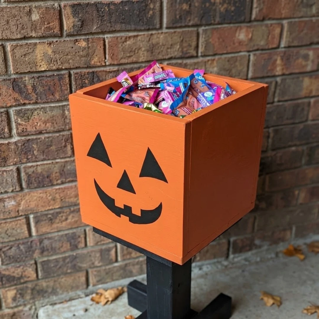 Orange wooden jack-o’-lantern candy holder filled with wrapped treats, displayed outdoors against a rustic brick wall for Halloween.