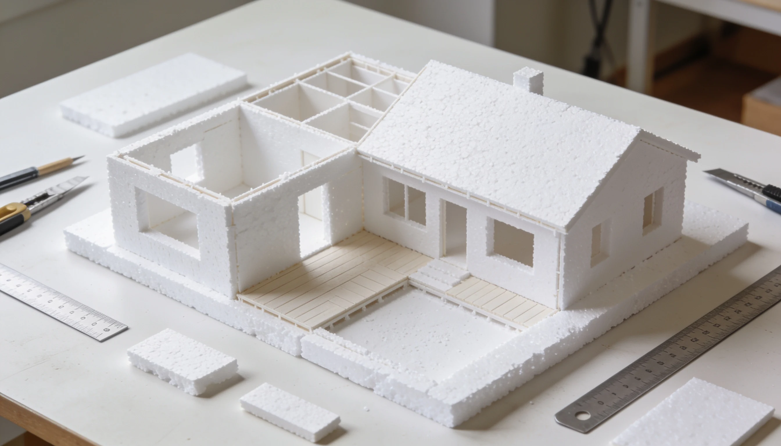A detailed model of a house constructed from white paper, showcasing architectural features and design elements.