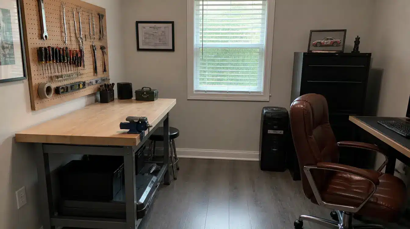 Workshop and hobby man cave with a workbench and organized tools